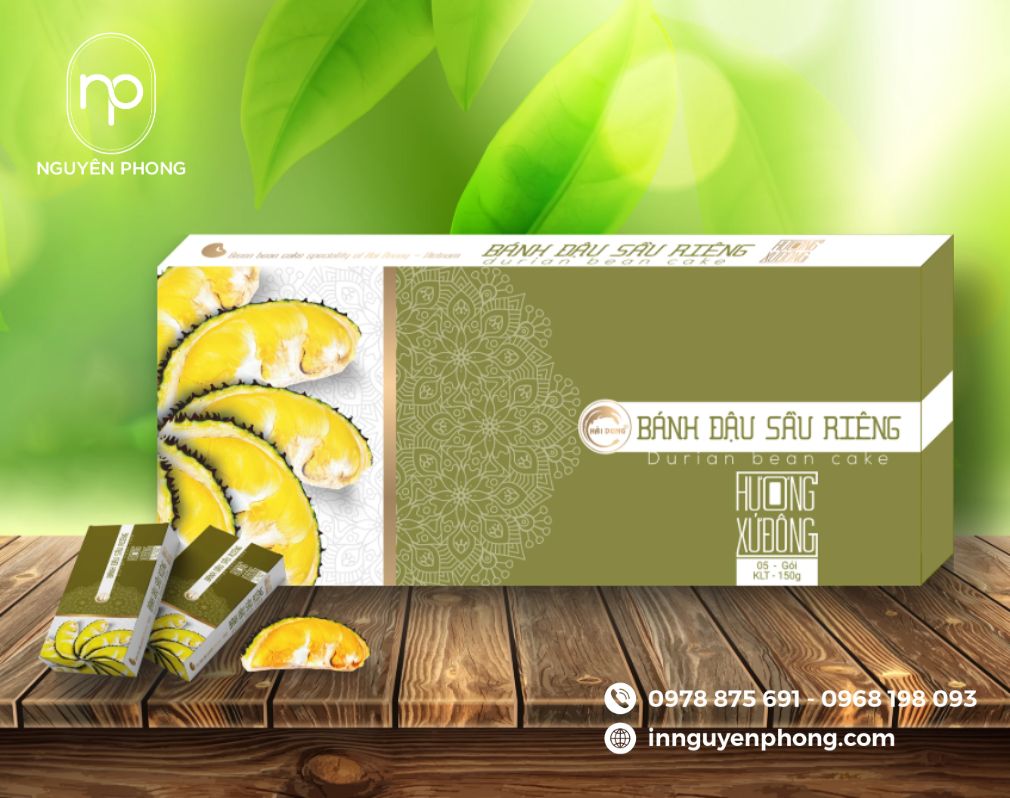 thiết kế hộp bánh đậu xanh sầu riêng ấn tượng